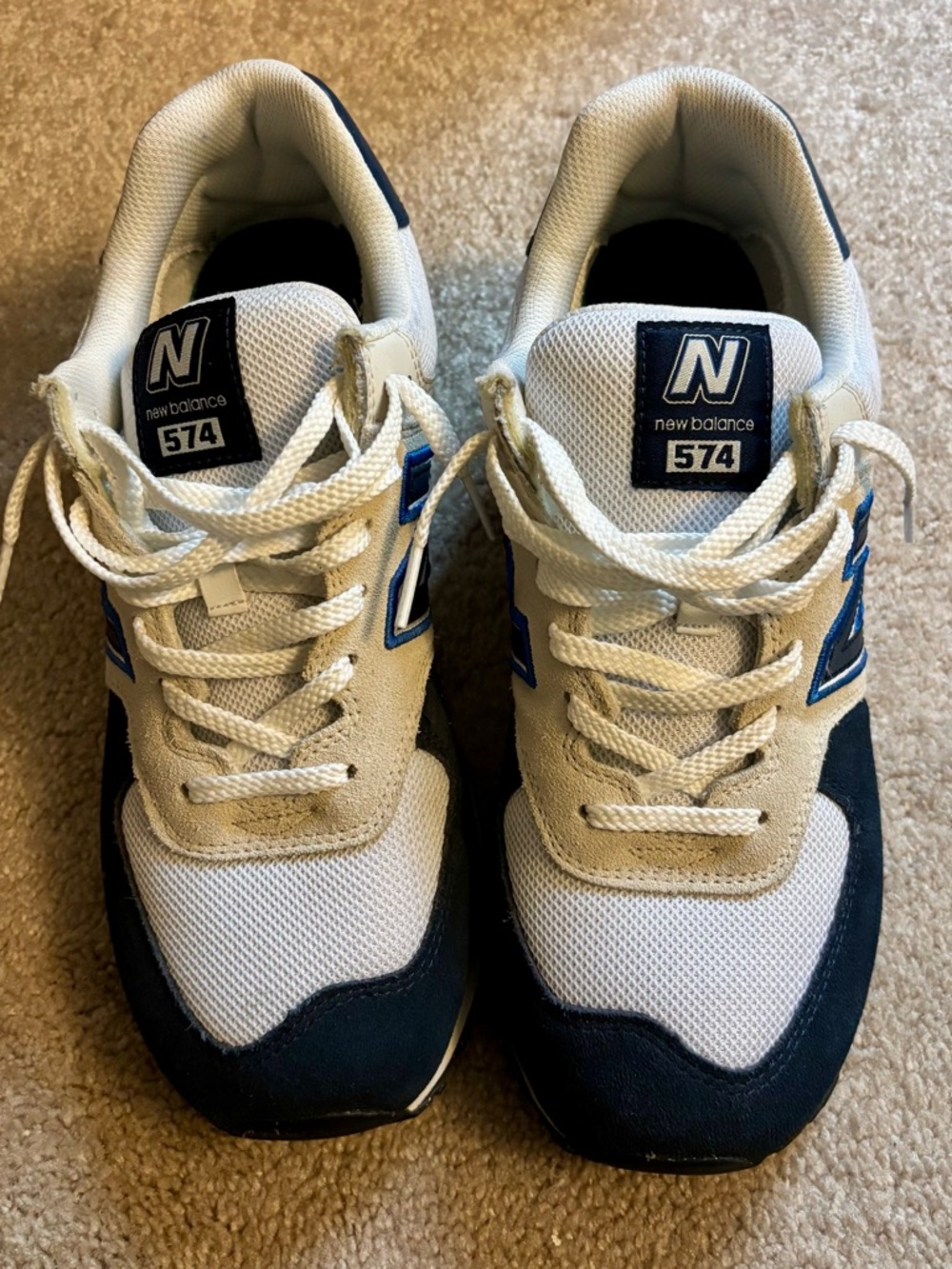 New Balance 574 Sneakers in White, Navy & Beige